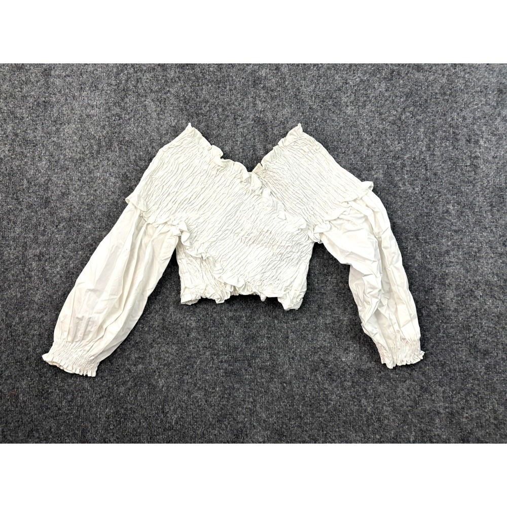 Zara Smocked Off Shoulder Crop Top White Long Sleeve Peasant Blouse Size Small